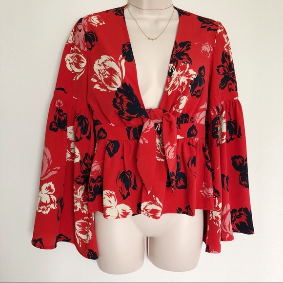 NWOT [Vici] Red Floral Blouse with Bell Sleeve - Picture 4 of 8